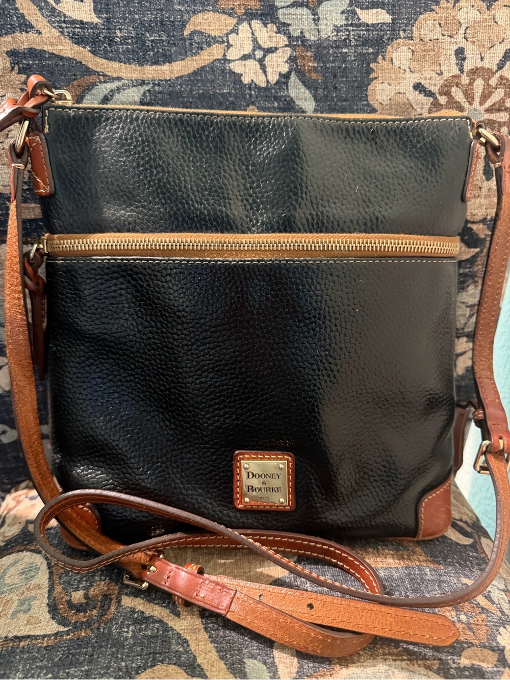 Dooney & Bourke Black Leather Messenger with Brown Trim